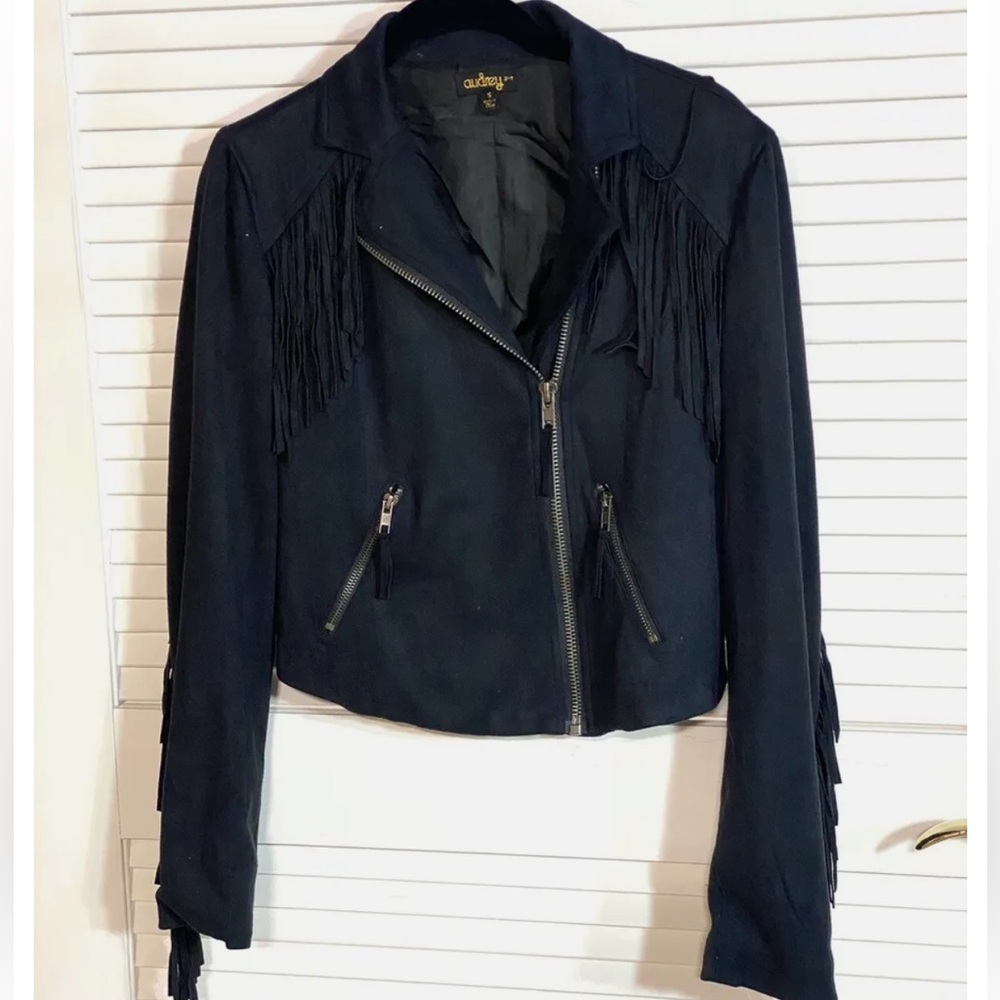Audrey black fringe zip faux suede jacket